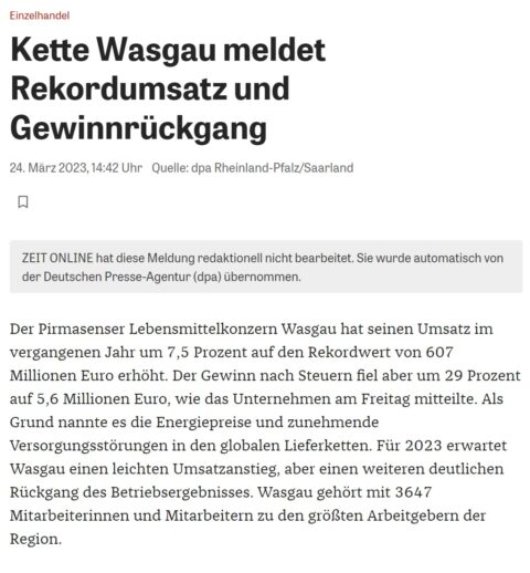 Kette Wasgau meldet Rekordumsatz und Gewinnrückgang