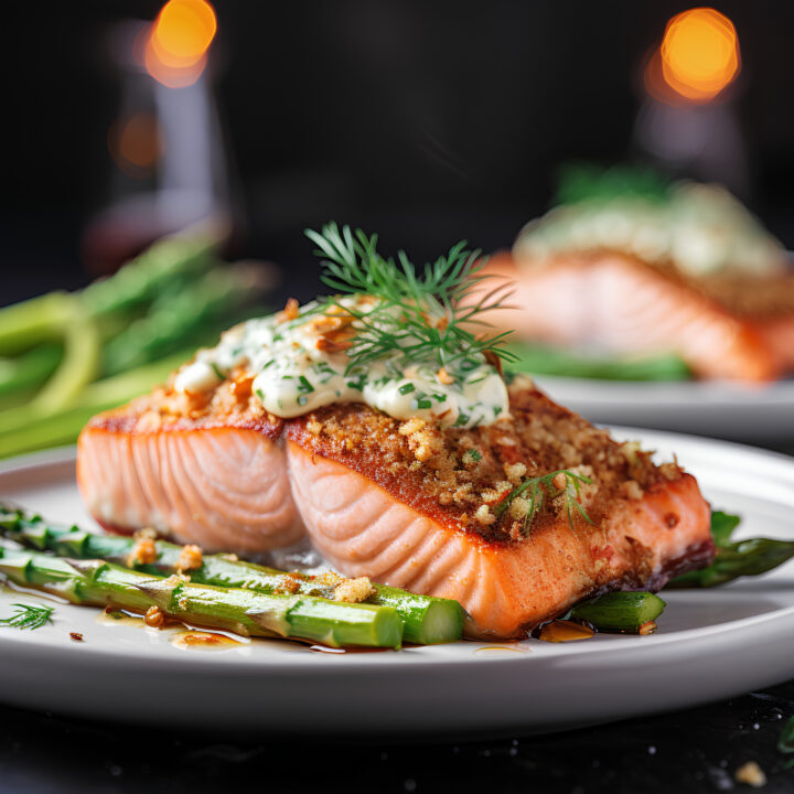 herrlich exotisch feuriges Rezept: Lachsfilet mit Wasabi-Kräuter-Kruste und Joghurt-Kräutersauce. Einfach nachkochen und genießen.